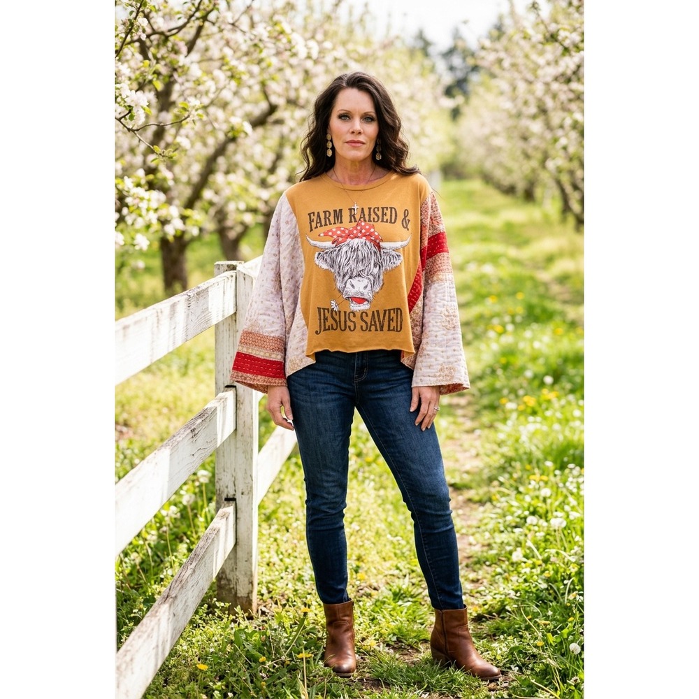 Upcycled Farm Raised Jesus‎ Saved Highland Cow Kimono Sleeve Graphic Top S-2X